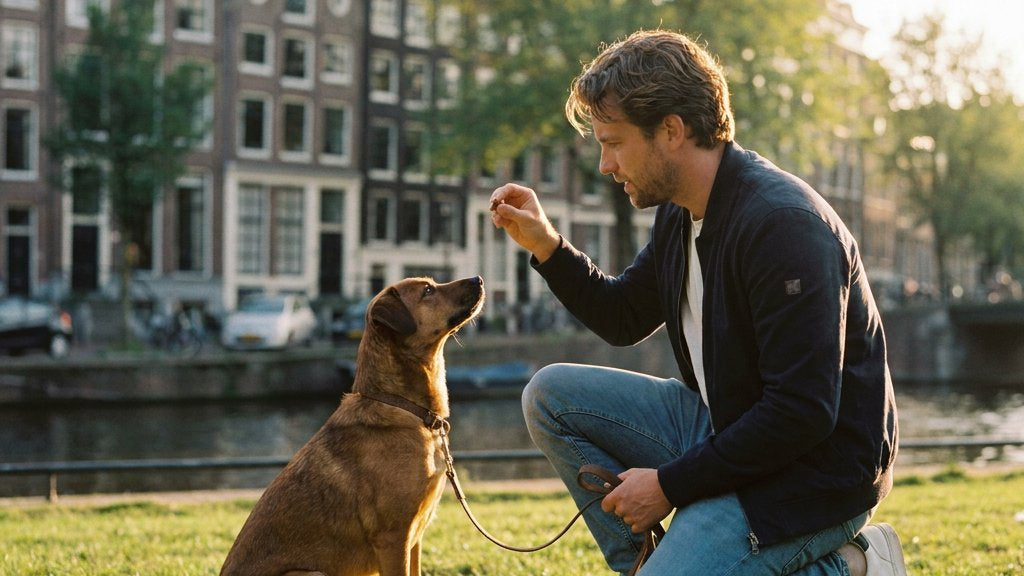 Baasje knielt en houdt een kleine hondensnack voor een zittende middelgrote hond in een Europees stadspark; warm avondlicht, onscherpe gevels op de achtergrond.