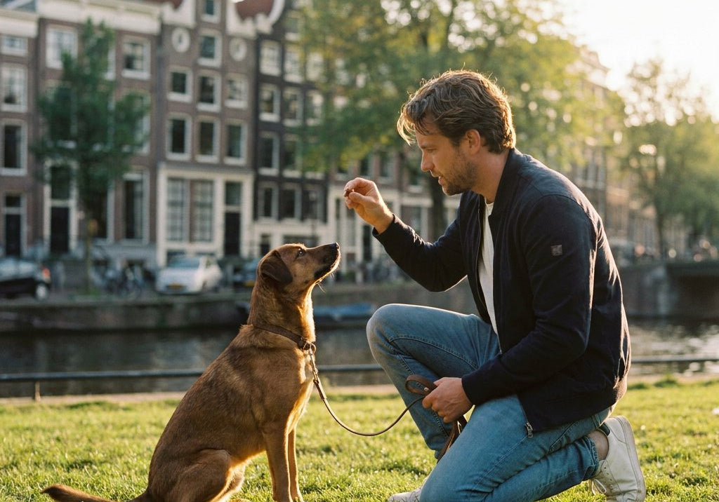 Baasje knielt en houdt een kleine hondensnack voor een zittende middelgrote hond in een Europees stadspark; warm avondlicht, onscherpe gevels op de achtergrond.