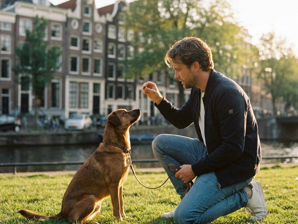 Baasje knielt en houdt een kleine hondensnack voor een zittende middelgrote hond in een Europees stadspark; warm avondlicht, onscherpe gevels op de achtergrond.