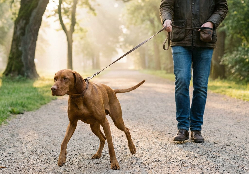 Mediumgrote hond trekt vooruit aan een strakke riem over een stadsparkpad; eigenaar houdt de lijn en een beloningszakje vast, in zacht ochtendlicht.
