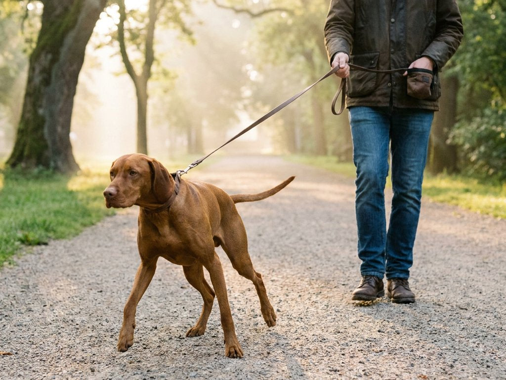 Mediumgrote hond trekt vooruit aan een strakke riem over een stadsparkpad; eigenaar houdt de lijn en een beloningszakje vast, in zacht ochtendlicht.