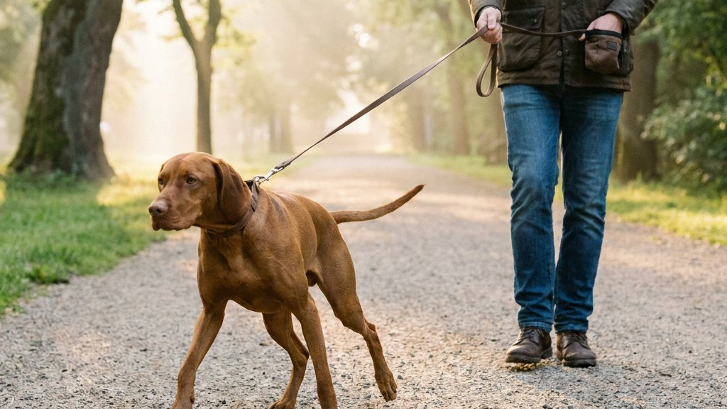 Mediumgrote hond trekt vooruit aan een strakke riem over een stadsparkpad; eigenaar houdt de lijn en een beloningszakje vast, in zacht ochtendlicht.