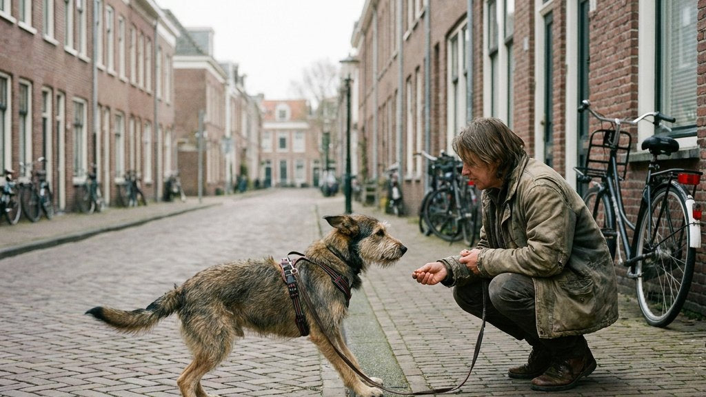 Mediumgrote hond met riem aarzelt bij stoeprand, staart laag en oren naar achter. Baasje hurkt naast hem, biedt een voertje aan op stille Europese straat.