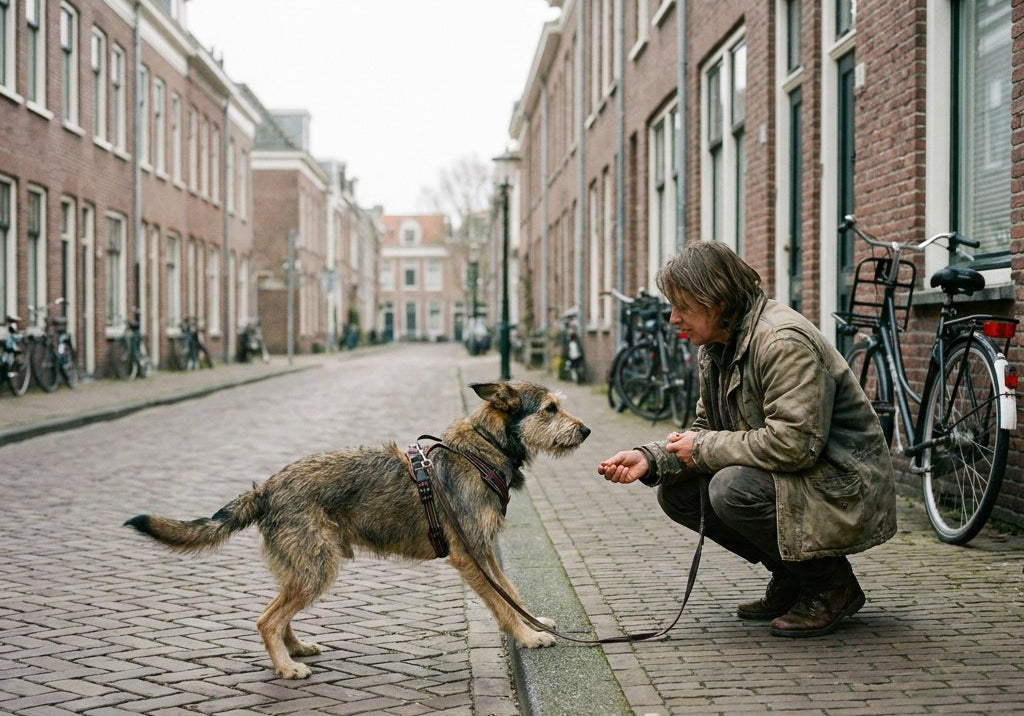 Mediumgrote hond met riem aarzelt bij stoeprand, staart laag en oren naar achter. Baasje hurkt naast hem, biedt een voertje aan op stille Europese straat.