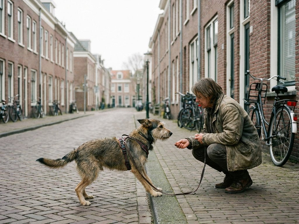 Mediumgrote hond met riem aarzelt bij stoeprand, staart laag en oren naar achter. Baasje hurkt naast hem, biedt een voertje aan op stille Europese straat.