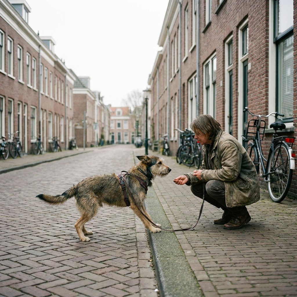 Mediumgrote hond met riem aarzelt bij stoeprand, staart laag en oren naar achter. Baasje hurkt naast hem, biedt een voertje aan op stille Europese straat.