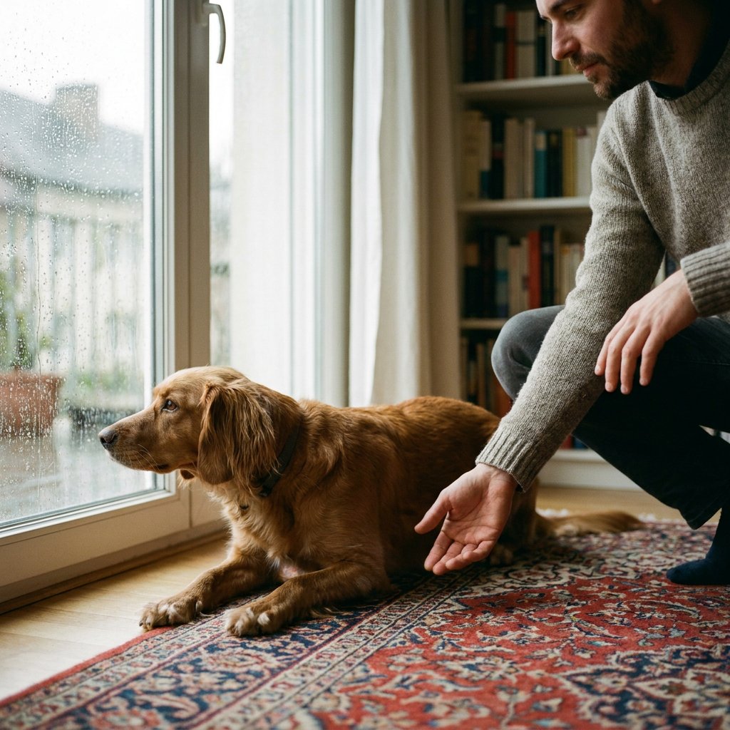 Middelgrote hond met staart tussen de poten en oren naar achteren op een woonkamerkleed, kijkt gespannen naar het raam; eigenaar hurkend reikt rustig een hand.