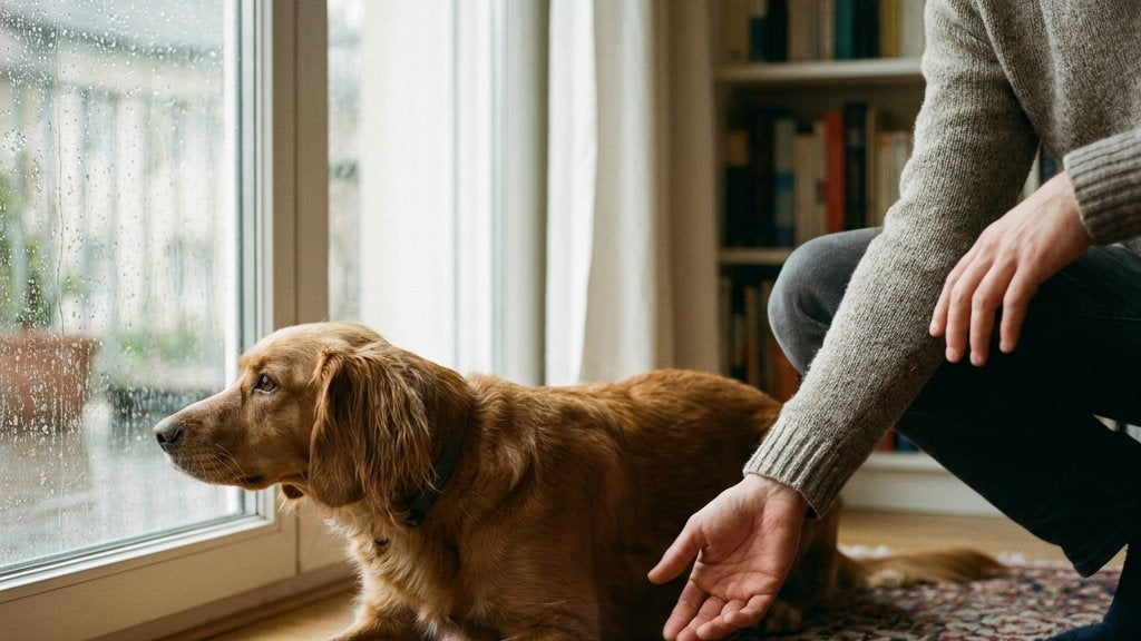 Middelgrote hond met staart tussen de poten en oren naar achteren op een woonkamerkleed, kijkt gespannen naar het raam; eigenaar hurkend reikt rustig een hand.