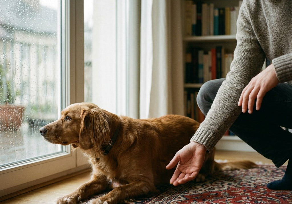 Middelgrote hond met staart tussen de poten en oren naar achteren op een woonkamerkleed, kijkt gespannen naar het raam; eigenaar hurkend reikt rustig een hand.