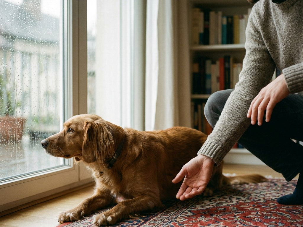 Middelgrote hond met staart tussen de poten en oren naar achteren op een woonkamerkleed, kijkt gespannen naar het raam; eigenaar hurkend reikt rustig een hand.