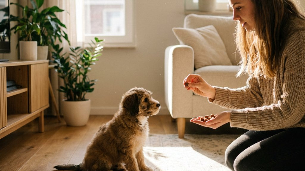Young owner kneels in a bright living room, rewarding a small puppy sitting attentively with natural treats; leash on floor, morning window light, plants.