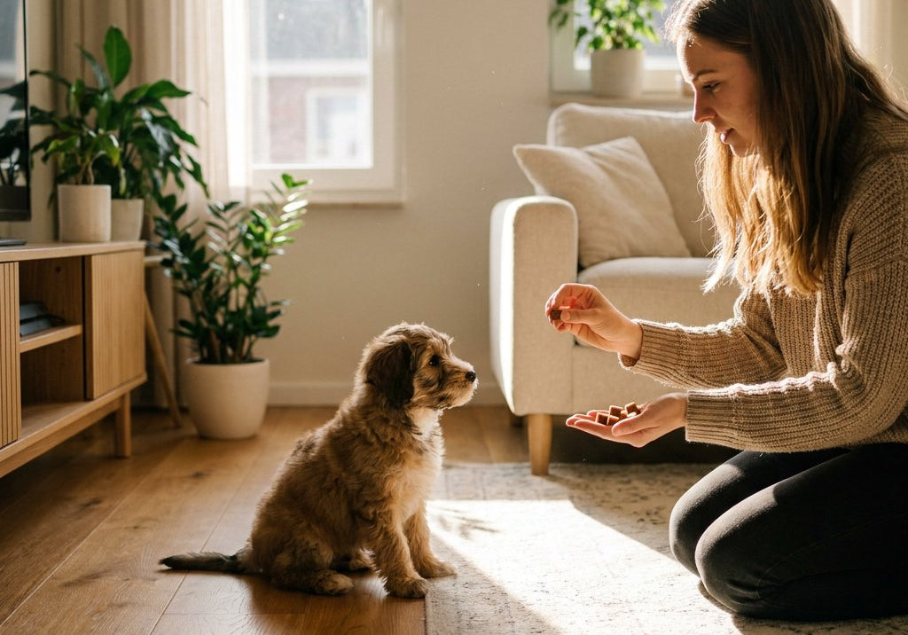 Young owner kneels in a bright living room, rewarding a small puppy sitting attentively with natural treats; leash on floor, morning window light, plants.