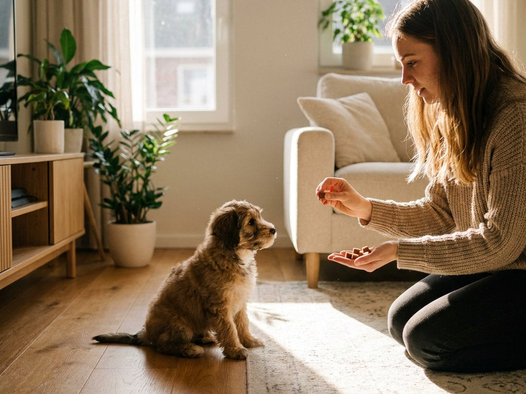 Young owner kneels in a bright living room, rewarding a small puppy sitting attentively with natural treats; leash on floor, morning window light, plants.