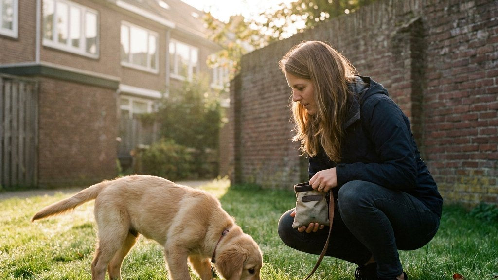 Jonge pup aan een korte lijn in een Nederlandse stadstuin, snuffelt aan het gras terwijl de eigenaar gehurkt met een traktatiezakje klaarstaat in zacht ochtendlicht.