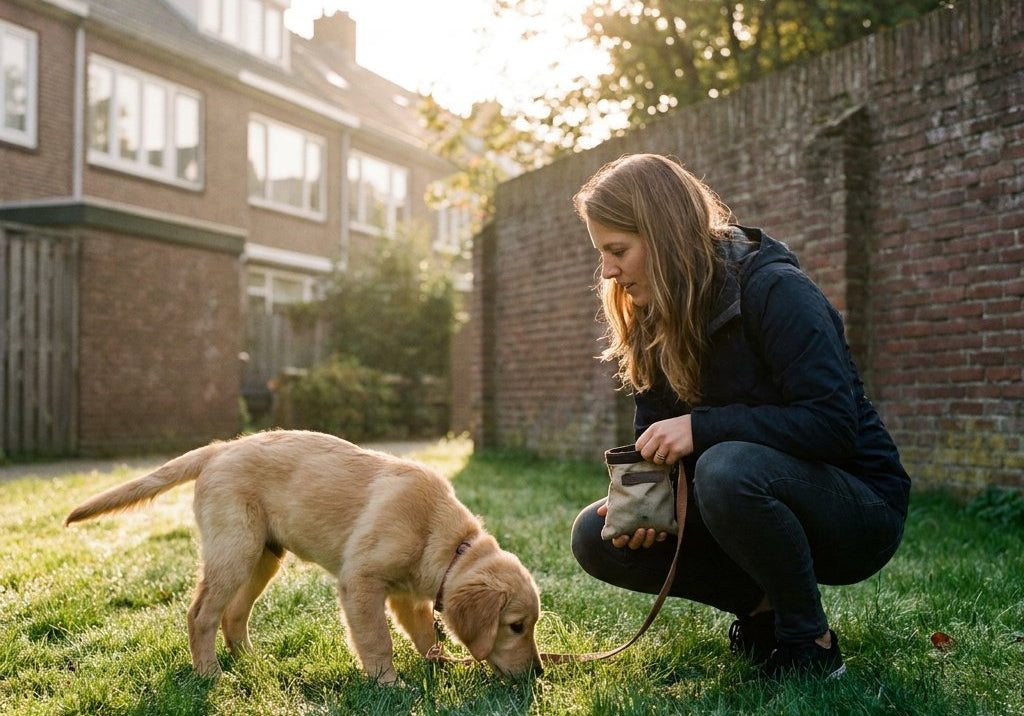 Jonge pup aan een korte lijn in een Nederlandse stadstuin, snuffelt aan het gras terwijl de eigenaar gehurkt met een traktatiezakje klaarstaat in zacht ochtendlicht.