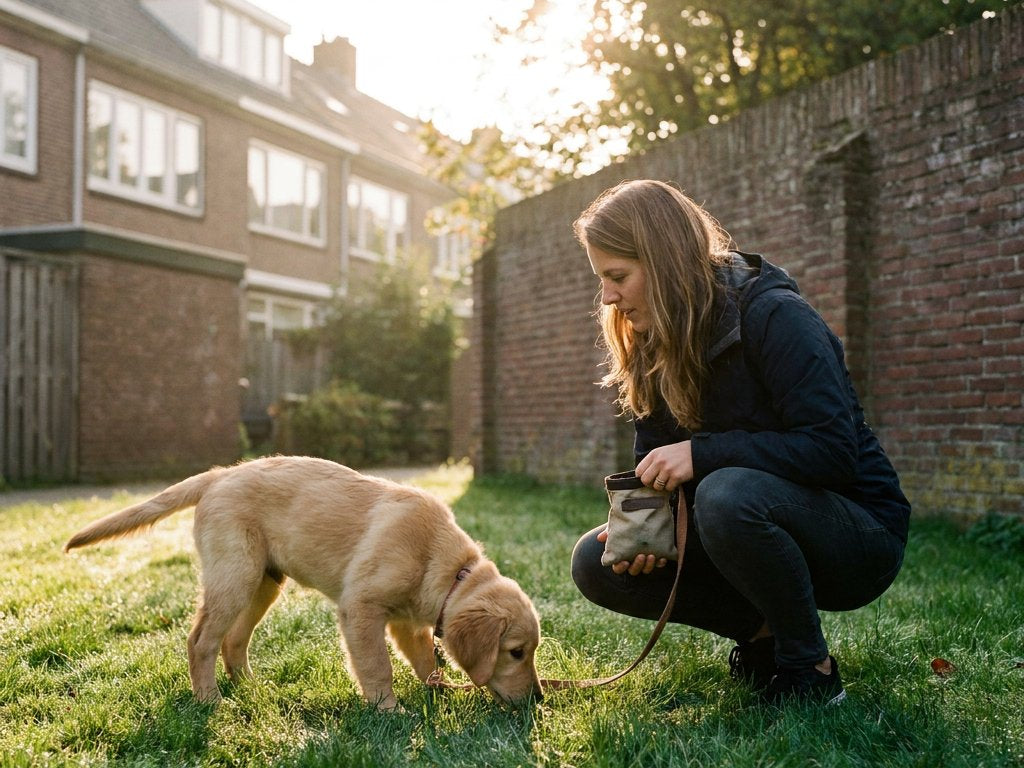 Jonge pup aan een korte lijn in een Nederlandse stadstuin, snuffelt aan het gras terwijl de eigenaar gehurkt met een traktatiezakje klaarstaat in zacht ochtendlicht.