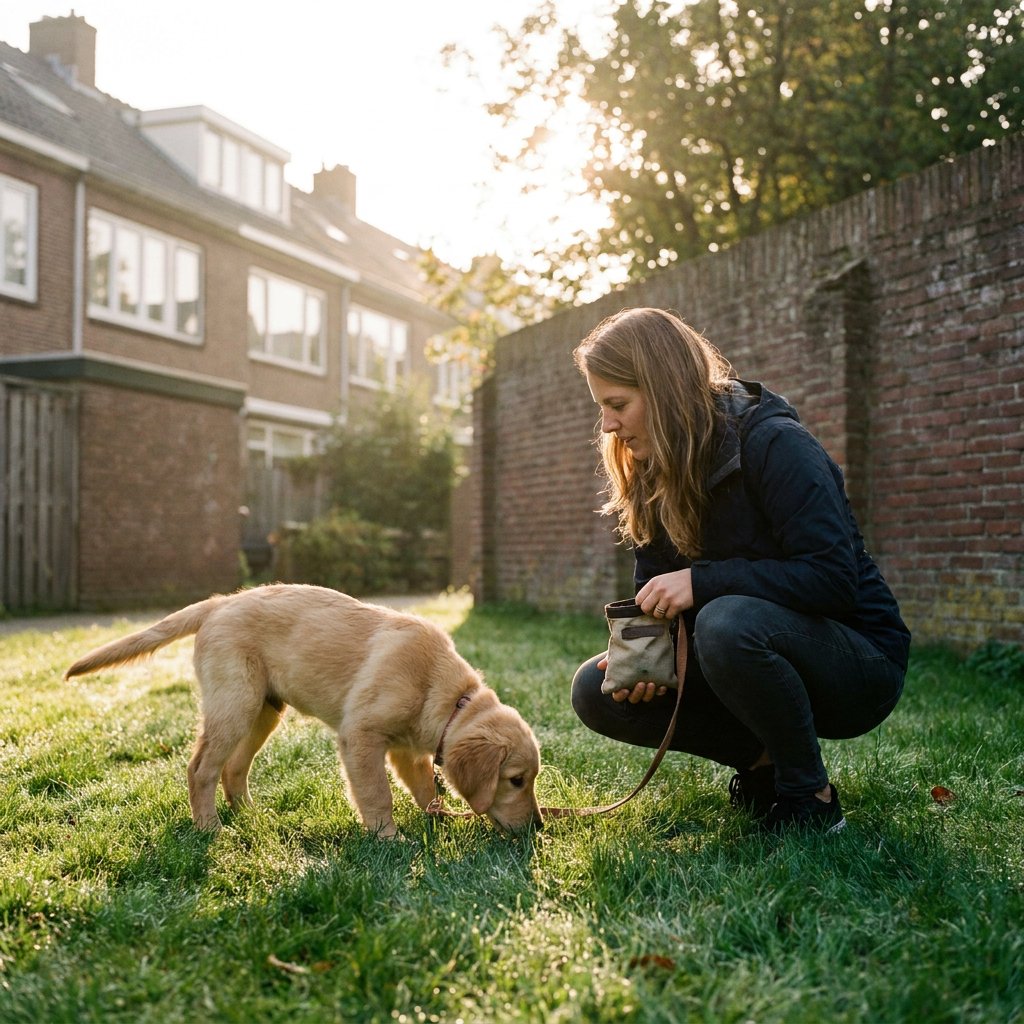 Jonge pup aan een korte lijn in een Nederlandse stadstuin, snuffelt aan het gras terwijl de eigenaar gehurkt met een traktatiezakje klaarstaat in zacht ochtendlicht.
