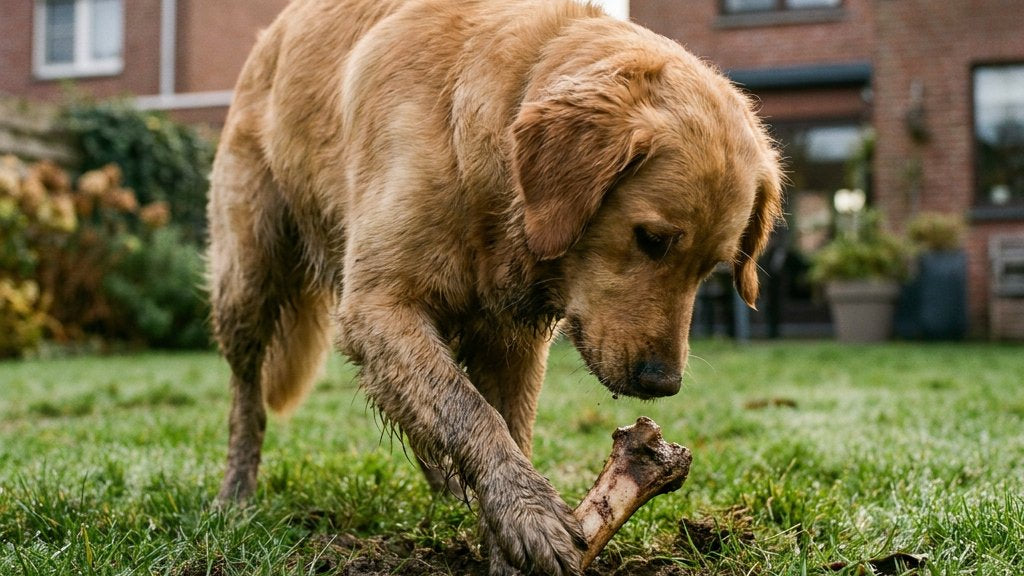 Middelgrote hond krabt aarde in een groene achtertuin over een half begraven kauwbot, met herfstbladeren en bakstenen huizen onscherp op de achtergrond.