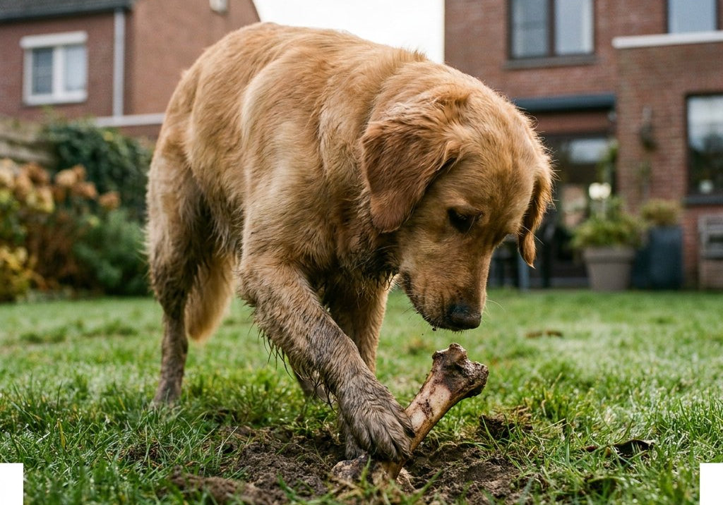 Middelgrote hond krabt aarde in een groene achtertuin over een half begraven kauwbot, met herfstbladeren en bakstenen huizen onscherp op de achtergrond.