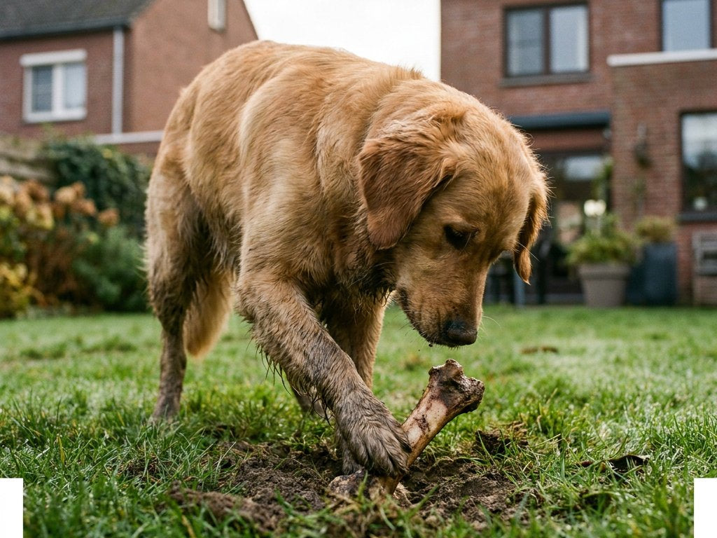 Middelgrote hond krabt aarde in een groene achtertuin over een half begraven kauwbot, met herfstbladeren en bakstenen huizen onscherp op de achtergrond.