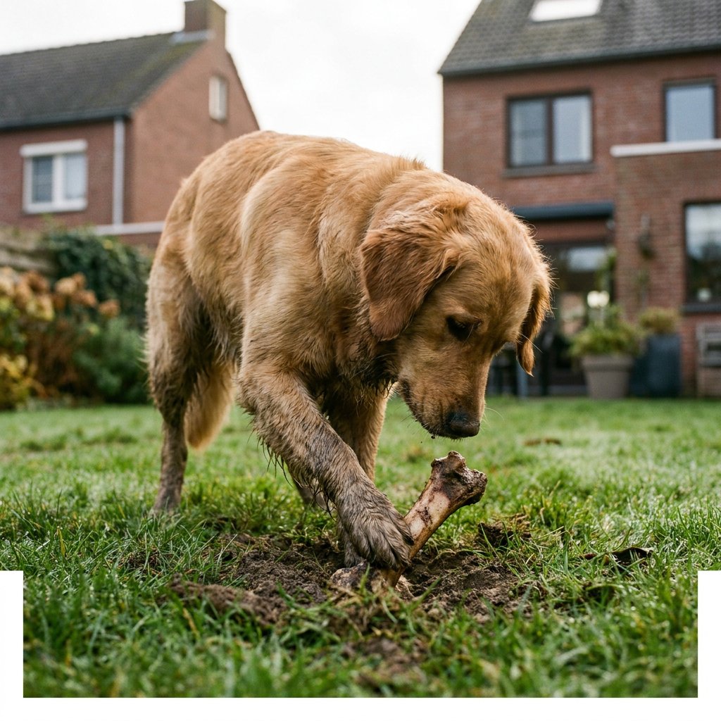 Middelgrote hond krabt aarde in een groene achtertuin over een half begraven kauwbot, met herfstbladeren en bakstenen huizen onscherp op de achtergrond.