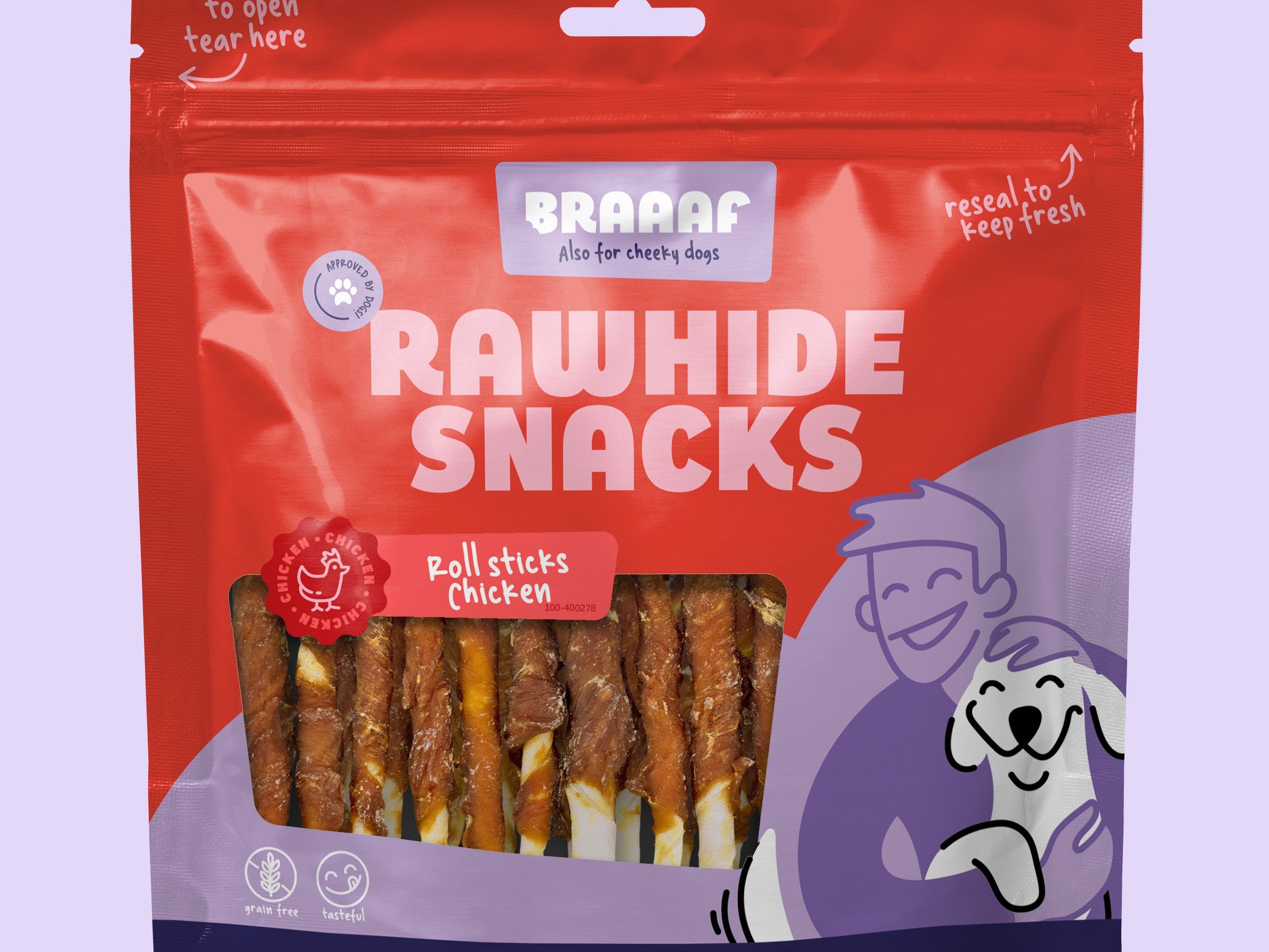 Verpakking Braaaf gedroogde roll sticks kip 300g – gedroogde hondenkauwsnacks van runderhuid en kippenborstfilet in hersluitbare rode zak