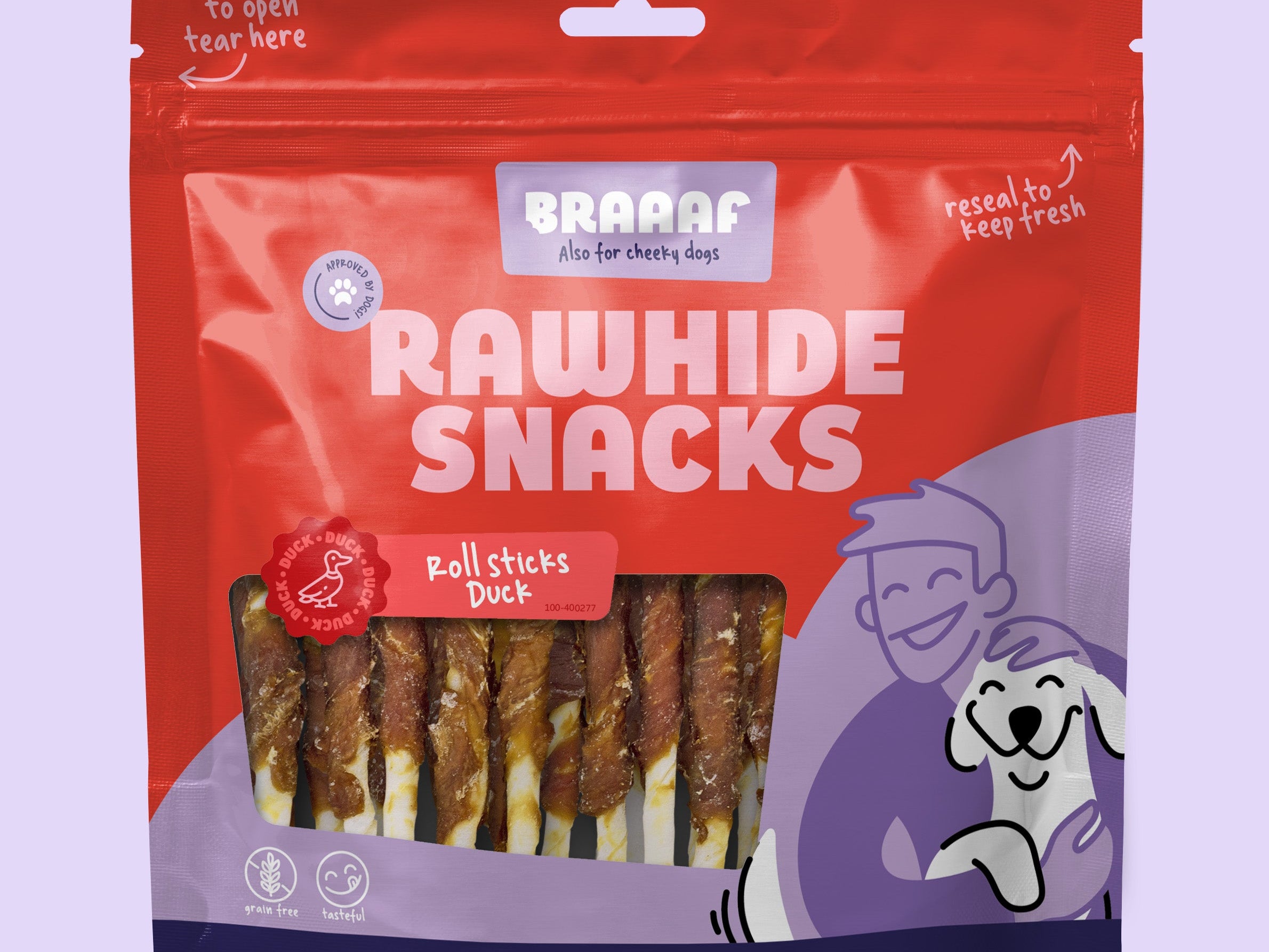 Verpakking Braaaf gedroogde roll sticks eend 300g – gedroogde hondenkauwsnacks van runderhuid en eend in hersluitbare rode zak