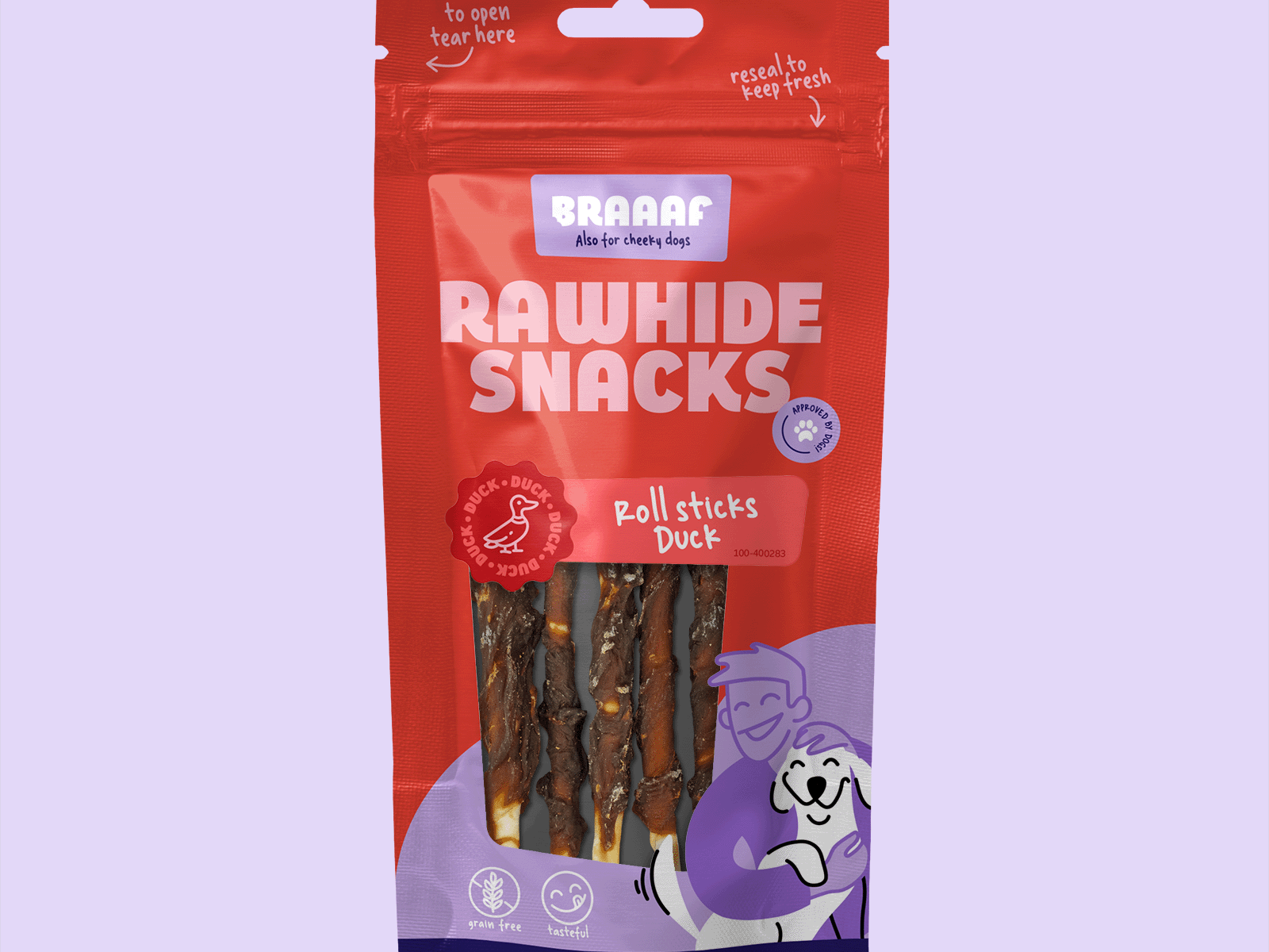 Verpakking Braaaf gedroogde roll sticks eend 80g – gedroogde hondenkauwsnacks van runderhuid en eend in hersluitbare rode zak