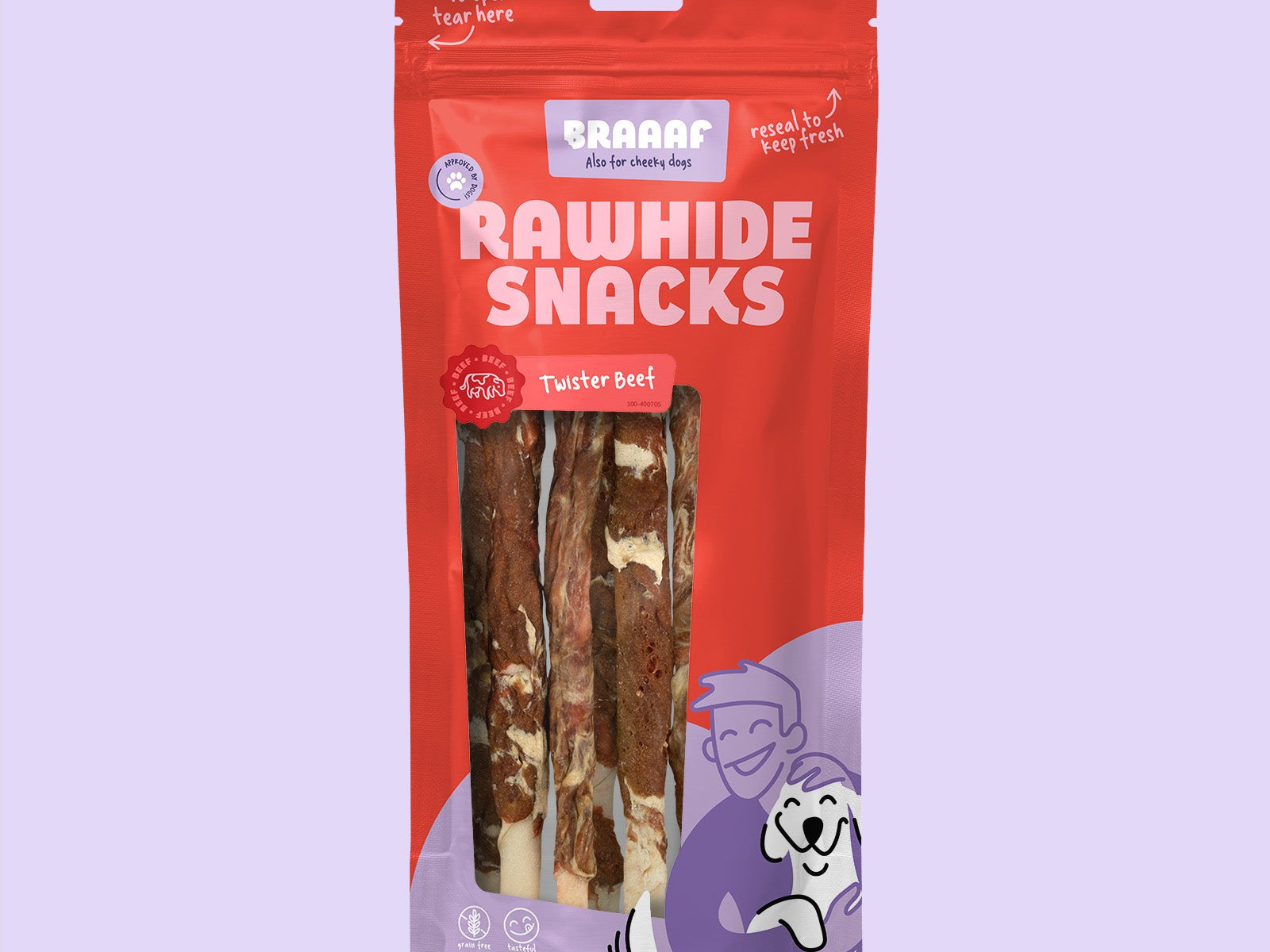Verpakking Braaaf gedroogde snacks twister rund Ø 0,8 cm – hondenkauwsnacks van runderhuid, rundervlees en kabeljauw in hersluitbare rode zak