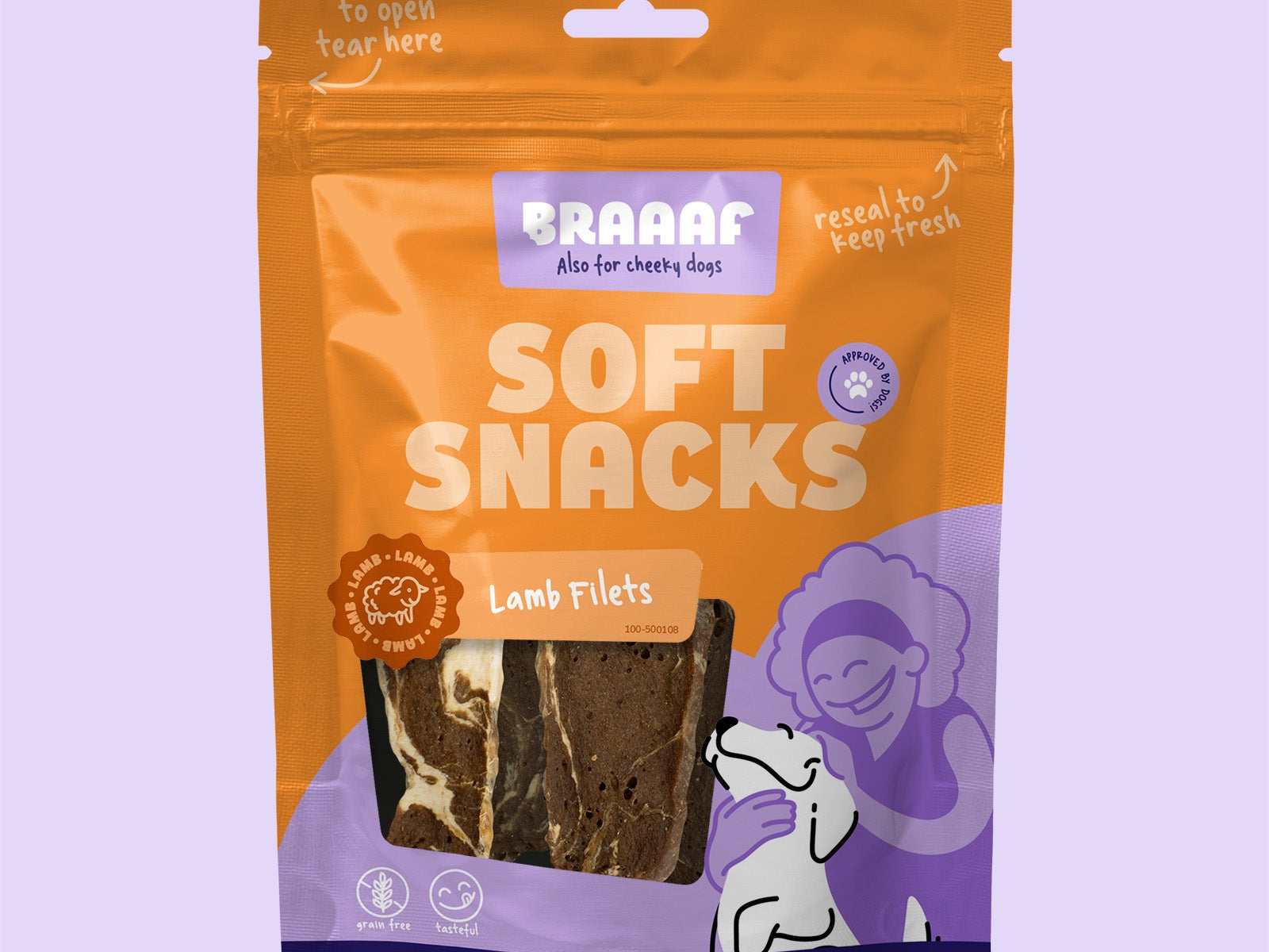 Verpakking Braaaf Soft Snacks Lamsfilets – zachte hondensnacks van lam in hersluitbare oranje zak