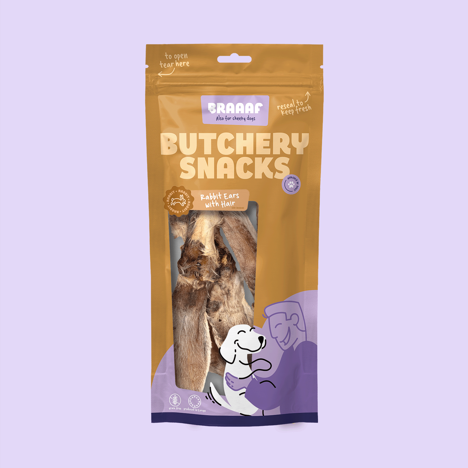 Verpakking Braaaf butchery snacks konijnenoren met haar – natuurlijke, hypoallergene hondensnacks in hersluitbare zak