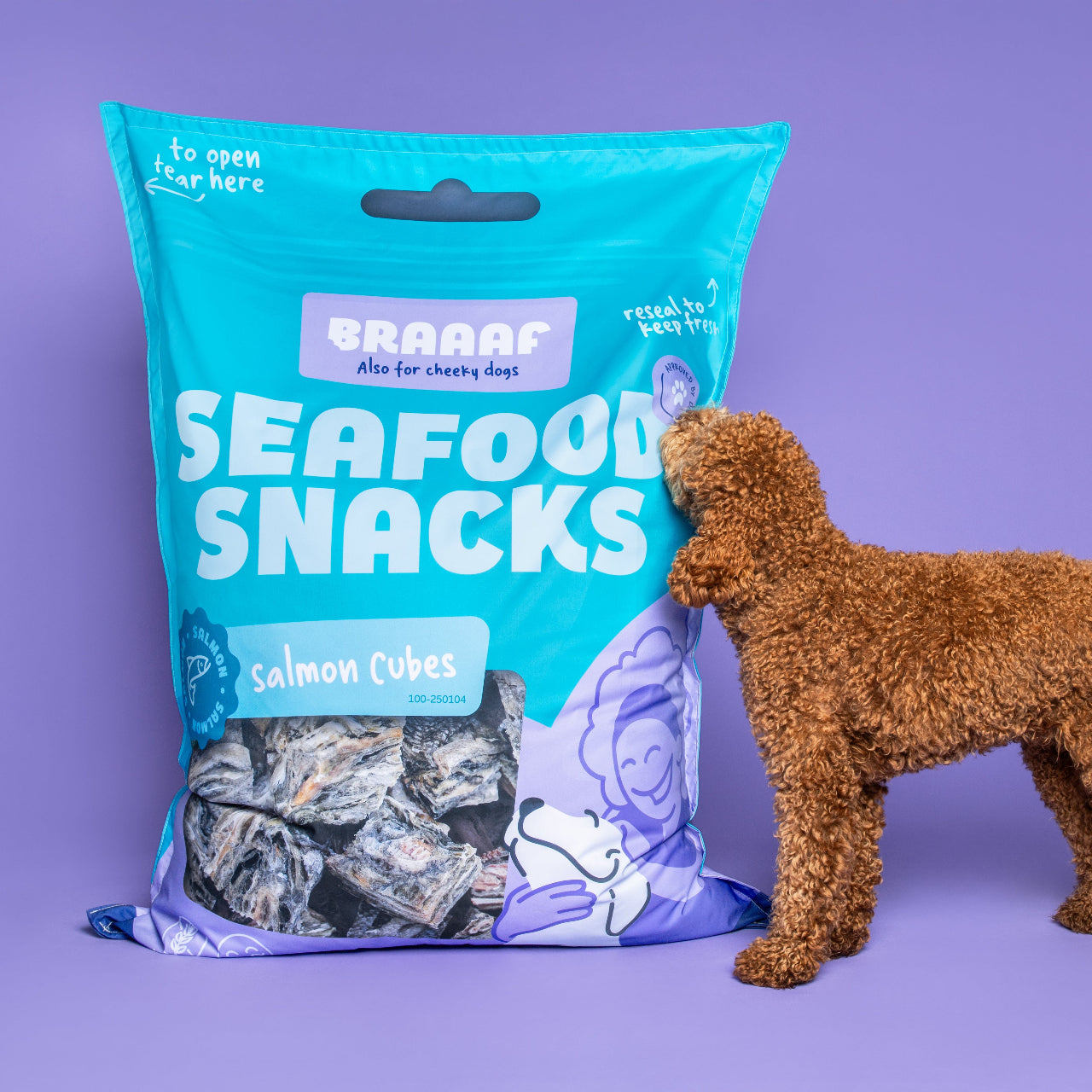 Bruine poedel naast een zak BRAAAF Seafood Snacks met zalmblokjes voor honden tegen een paarse achtergrond.