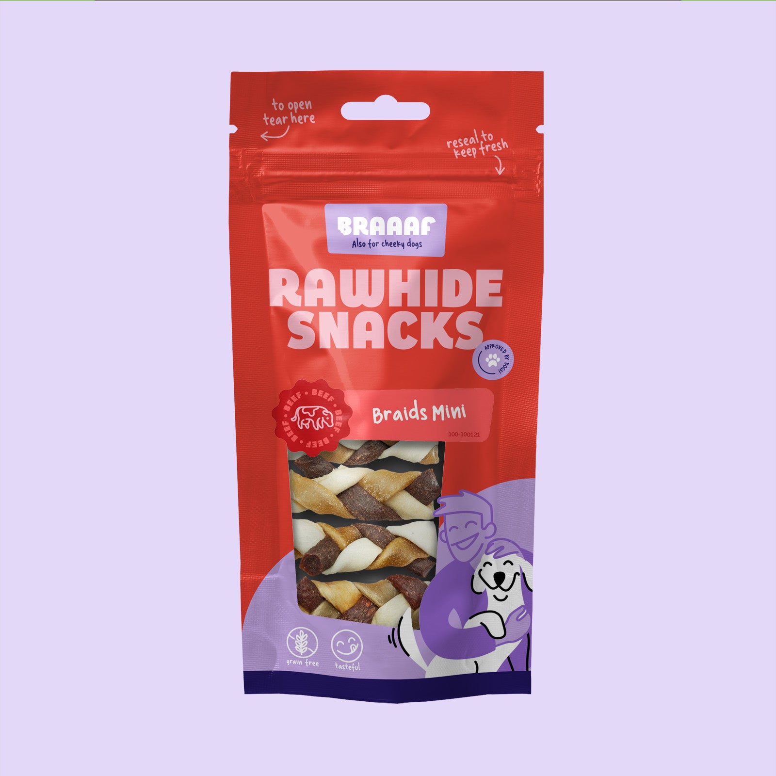 Verpakking Braaaf Rawhide Snacks Braids Mini – gevlochten hondensnacks van rund, ideaal voor puppy's en kleine honden, in hersluitbare rode zak