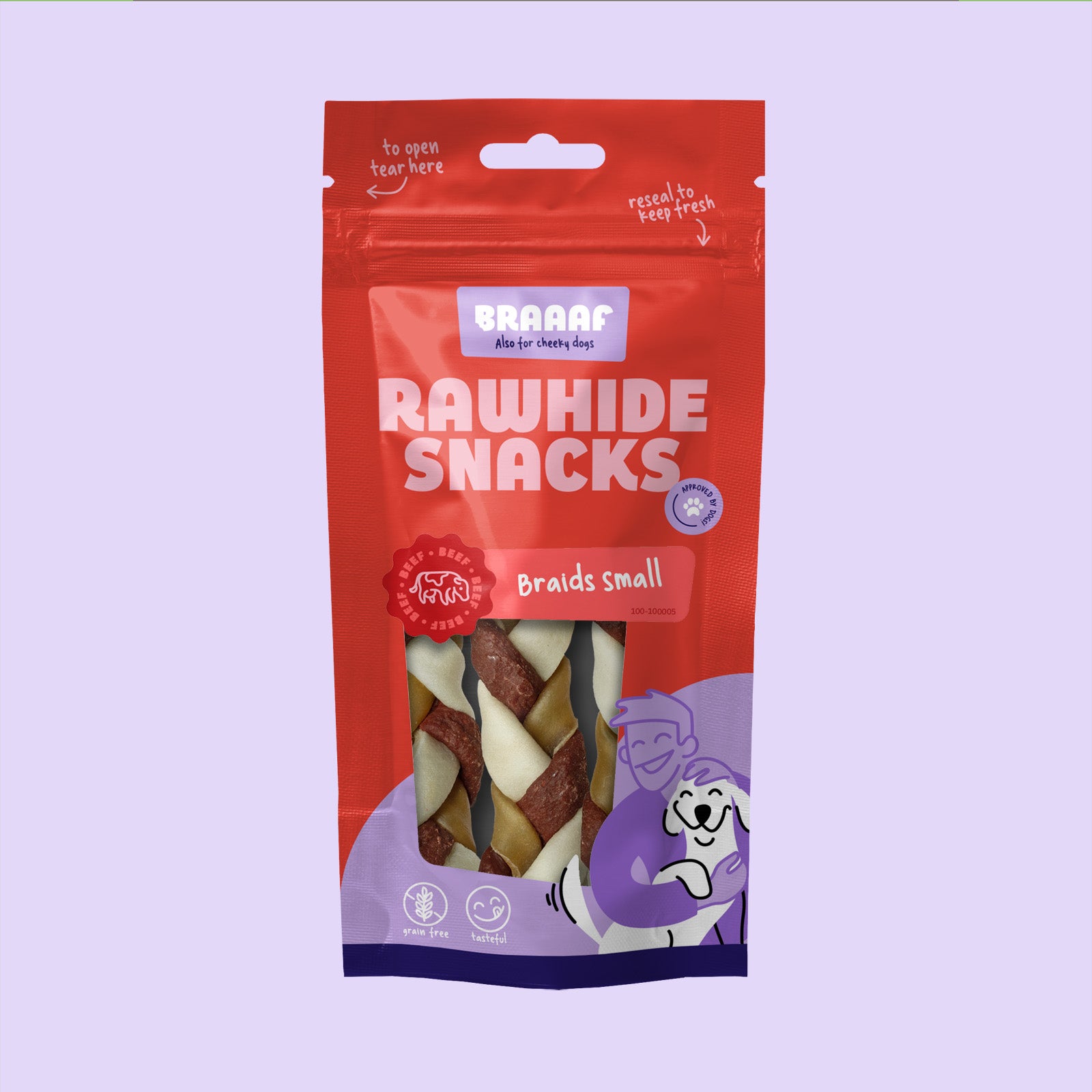 Verpakking Braaaf Rawhide Snacks Braids Small – gevlochten hondenkauwsnacks van rund in hersluitbare rode zak