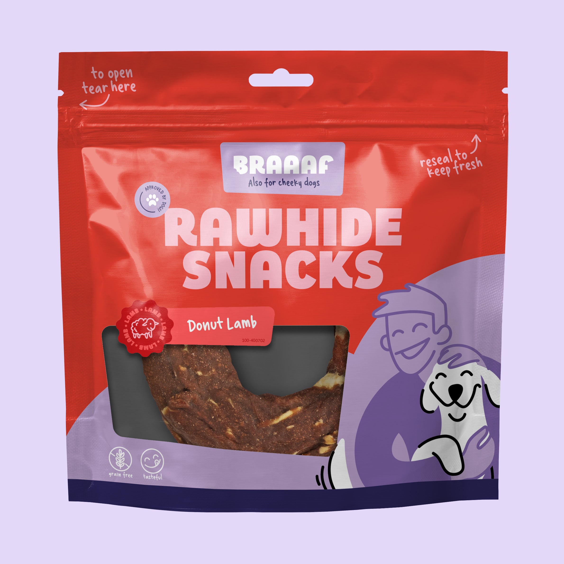 Verpakking Braaaf rawhide snacks donut lam Ø 10-12 cm – stevige hondenkauwsnack voor gebitsverzorging in hersluitbare rode zak