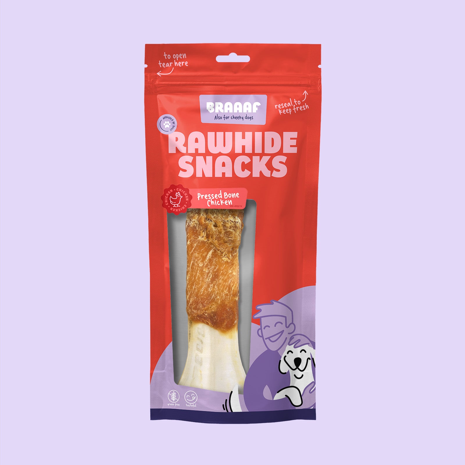 Verpakking Braaaf Rawhide Snacks Kippenbot – groot hondenkauwbot van 20 cm voor langdurig kauwplezier in hersluitbare rode zak
