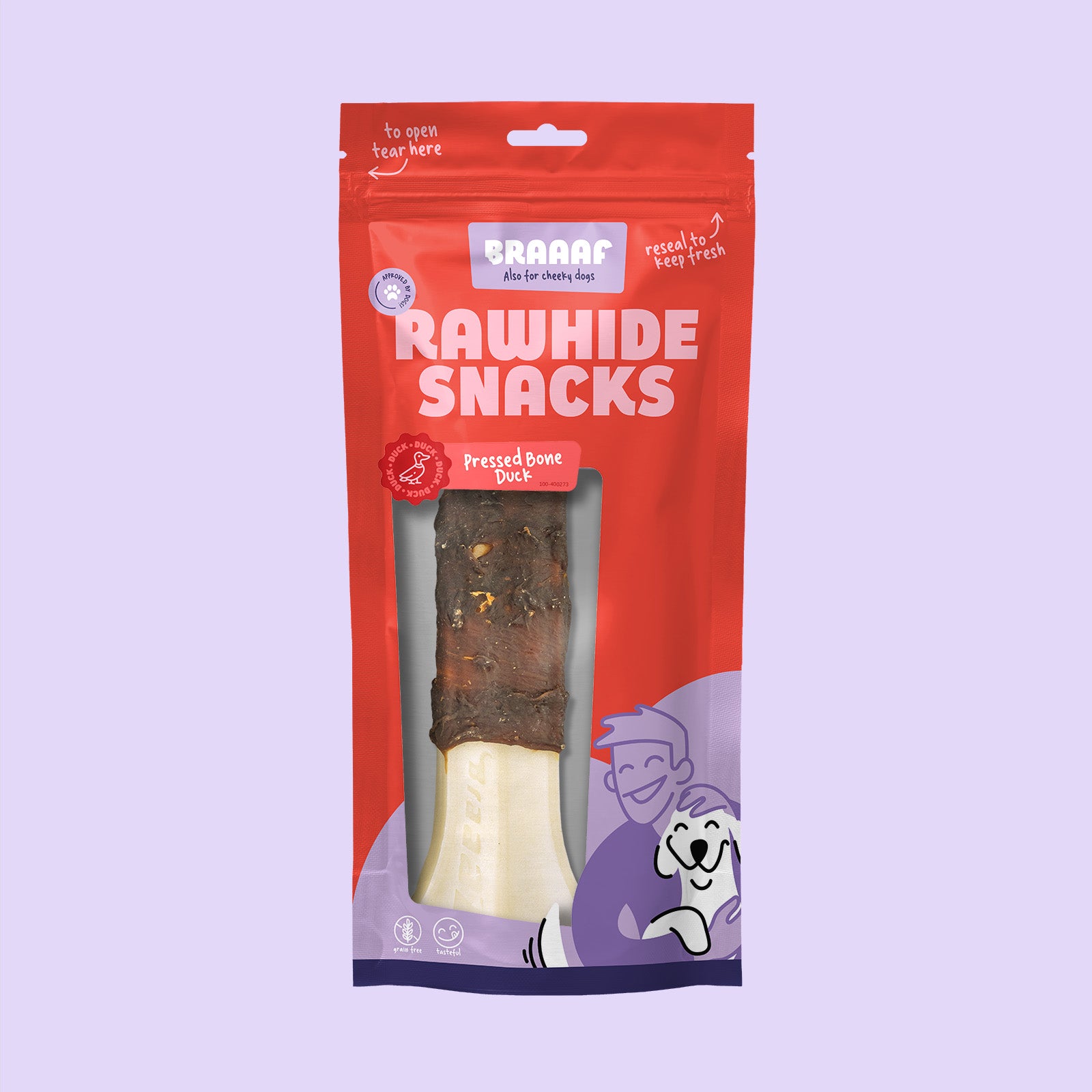 Verpakking Braaaf Rawhide Snacks Eendenbot 20cm – hondenkauwbot van rawhide met eendenborstfilet in hersluitbare rode zak