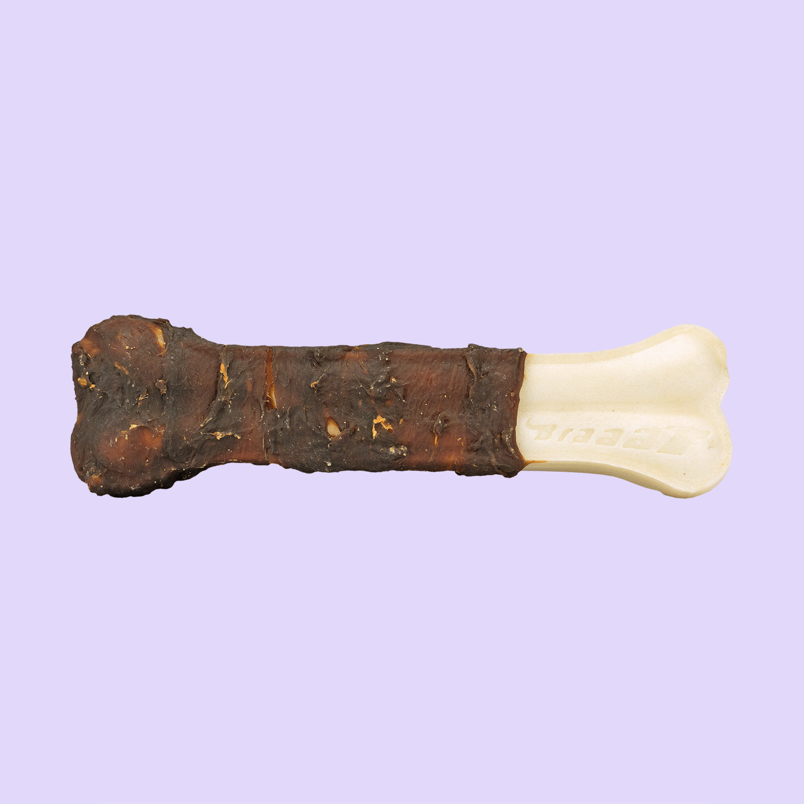 Braaaf Rawhide Snacks Eendenbot uitgestald – hondenkauwbot van rawhide met eendenborstfilet op lila achtergrond