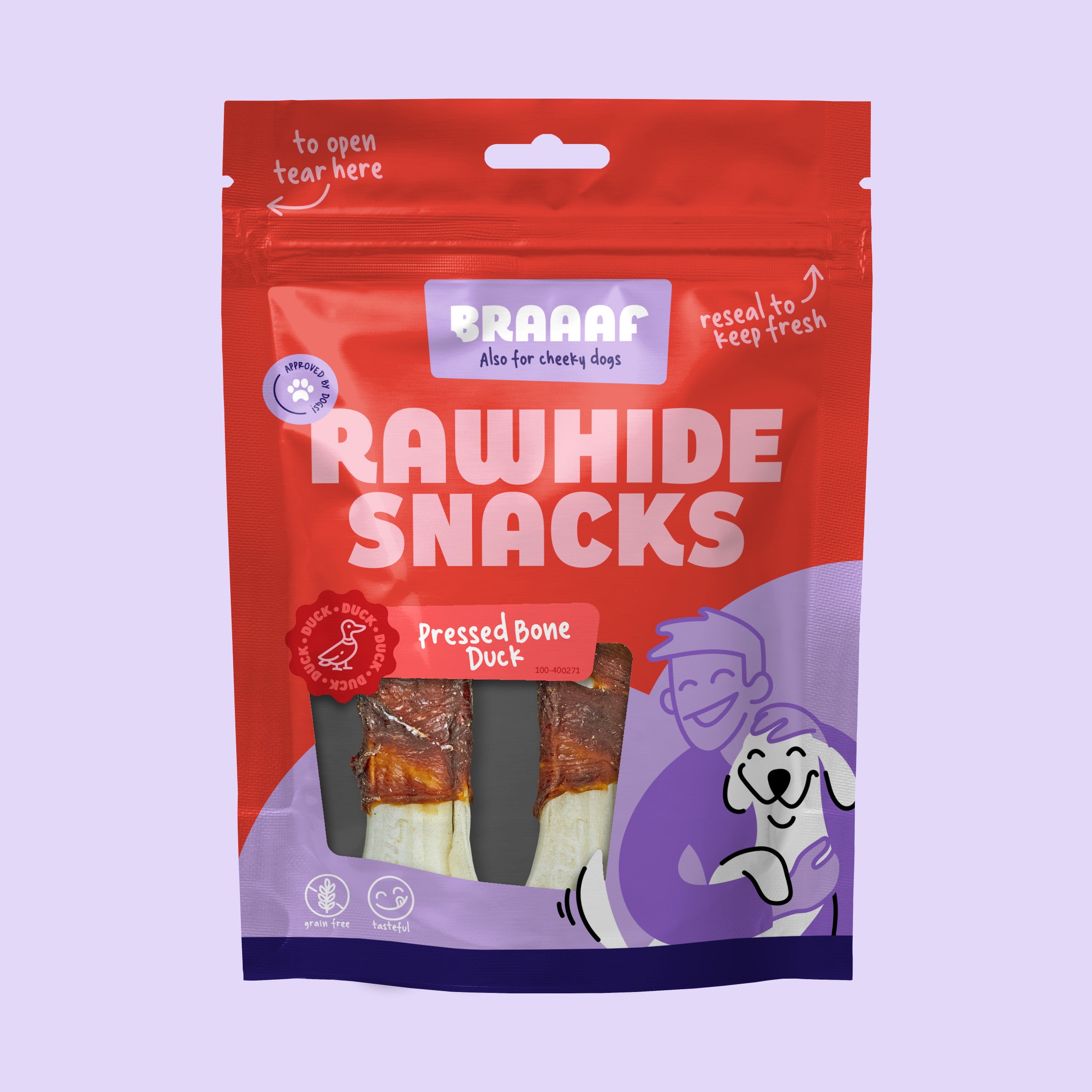 Verpakking Braaaf Rawhide Snacks Eendenbot 12,5cm – hondenkauwbotjes van rawhide met eendenborstfilet in hersluitbare rode zak