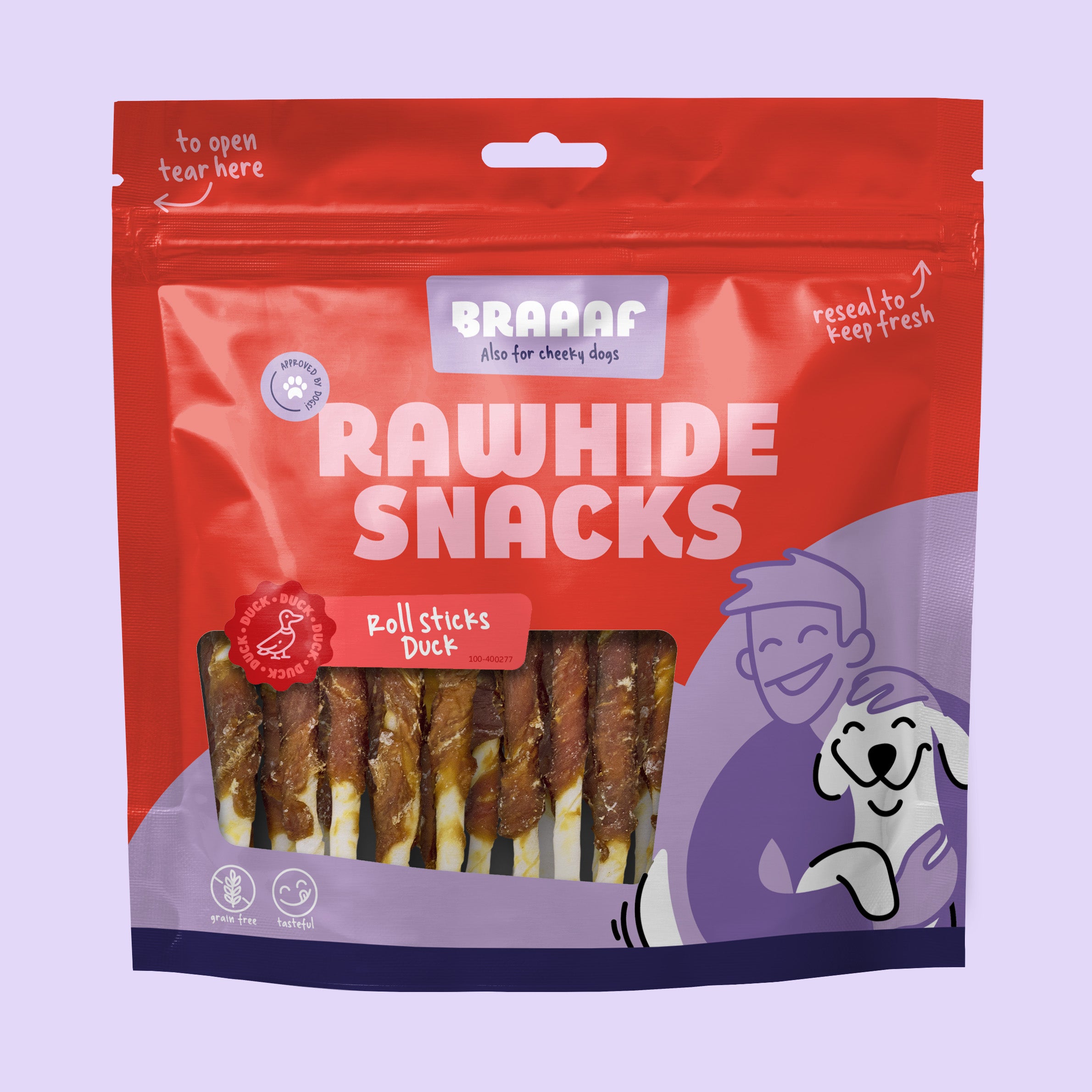 Verpakking Braaaf gedroogde roll sticks eend 300g – gedroogde hondenkauwsnacks van runderhuid en eend in hersluitbare rode zak