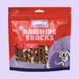 Verpakking Braaaf rawhide snacks roll sticks lam 250g – hondenkauwsnacks met lamsvlees in hersluitbare rode zak

