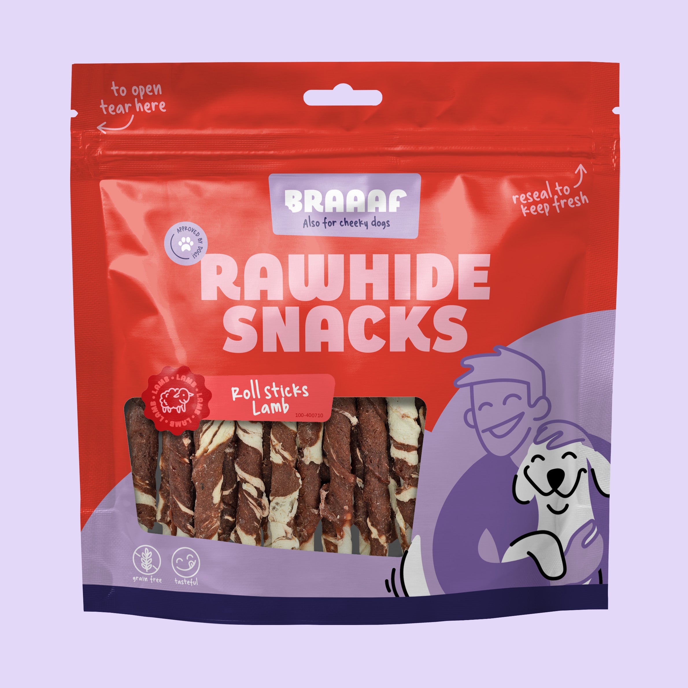 Verpakking Braaaf rawhide snacks roll sticks lam 250g – hondenkauwsnacks met lamsvlees in hersluitbare rode zak
