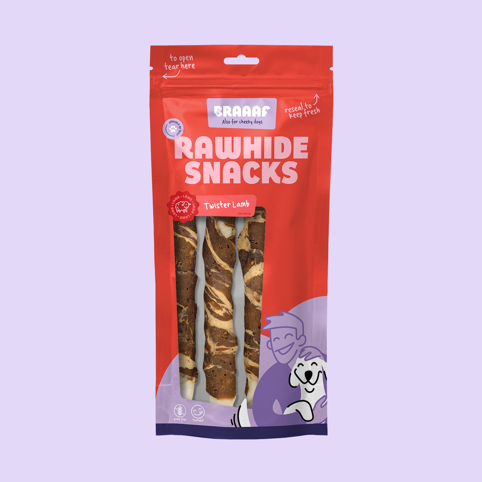 Verpakking Braaaf gedroogde snacks twister lam Ø 1,5cm – stevige hondenkauwsnacks van runderhuid en lamsvlees in hersluitbare rode zak