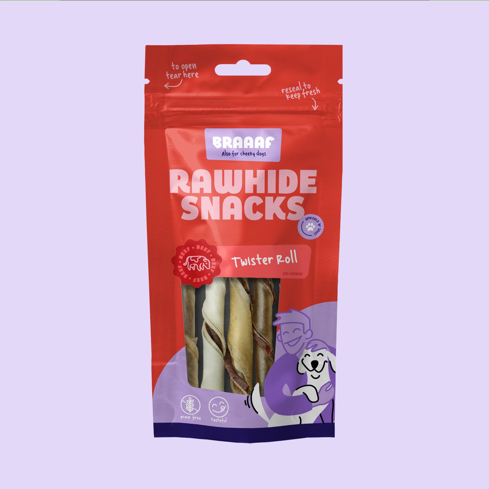 Verpakking Braaaf Rawhide Snacks Twister Roll – gedraaide hondenkauwsnacks van rund in hersluitbare rode zak