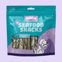 Verpakking Braaaf Seafood Snacks Zalm Sticks 175g – hondensnacks van zalm in hersluitbare turquoise zak