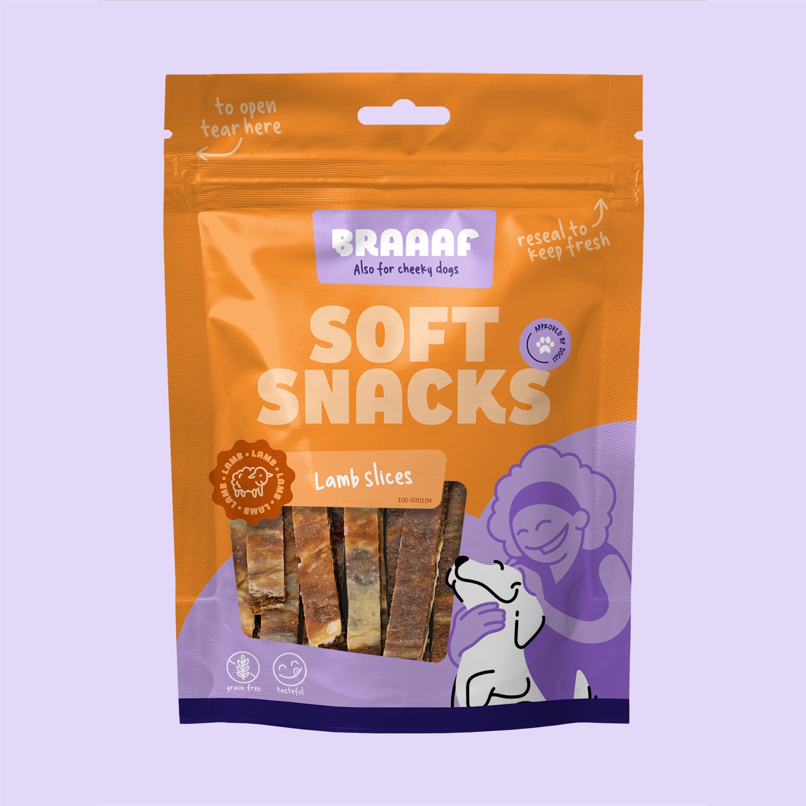 Verpakking Braaaf Soft Snacks Lamsreepjes – zachte hondensnacks van lam in hersluitbare oranje zak