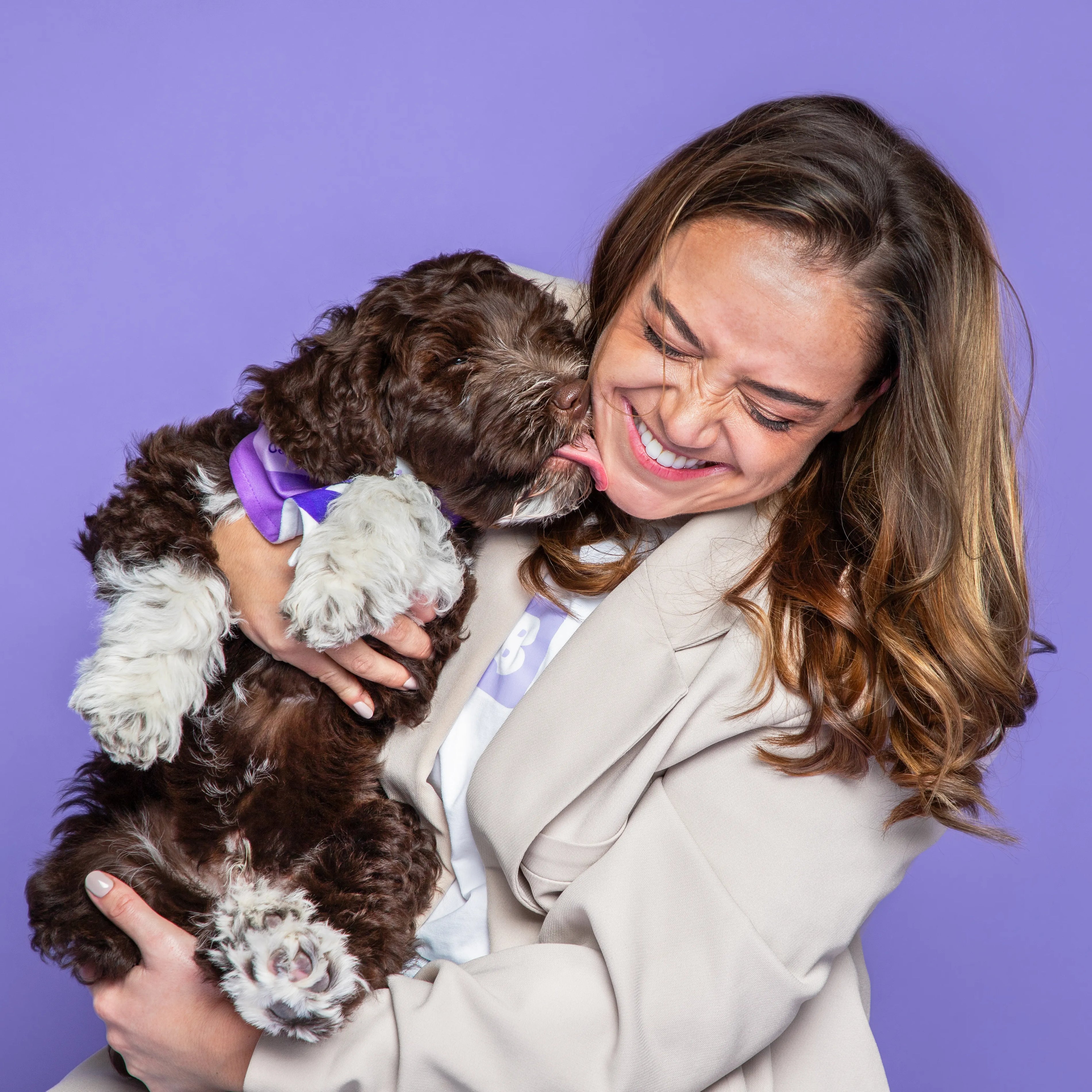 Hond likt lachende vrouw, paarse achtergrond