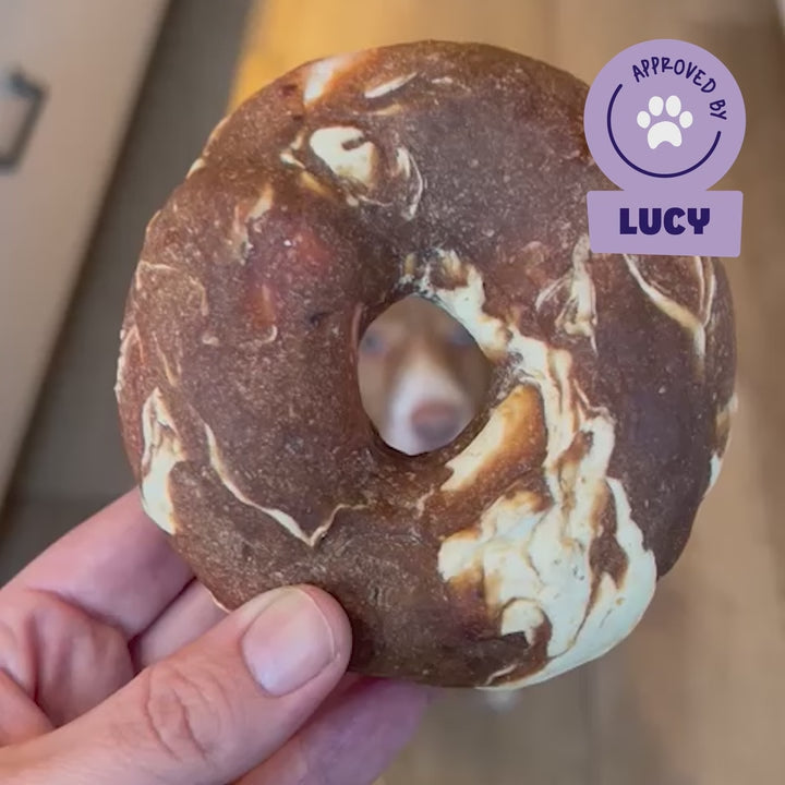 Hond Lucy krijgt een Braaaf runderhuid donut rund hondenkauwsnack aangereikt